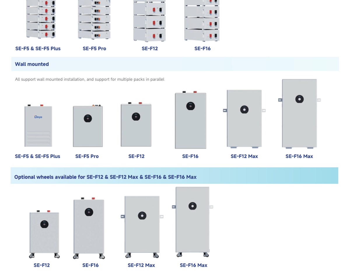 Deye SE-F12, SE-F16, SE-F12 Max and SE-F16 Max wall and wheel mounting options